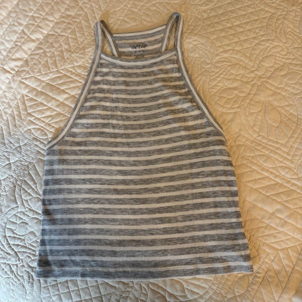 Aerie Gray and White Striped Tank Top